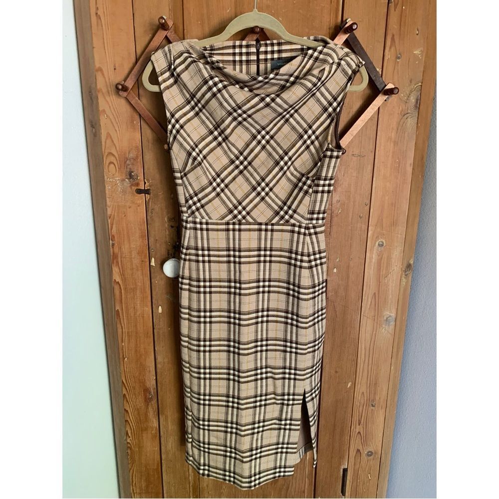 Sandro Ferrone brown plaid sleeveless midi pencil dress